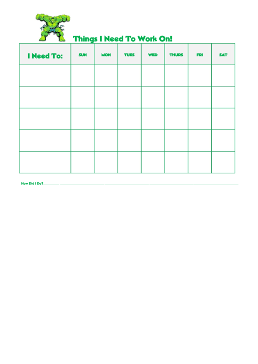 Things I Need To Work On Behaviour Chart - Hulk Printable pdf