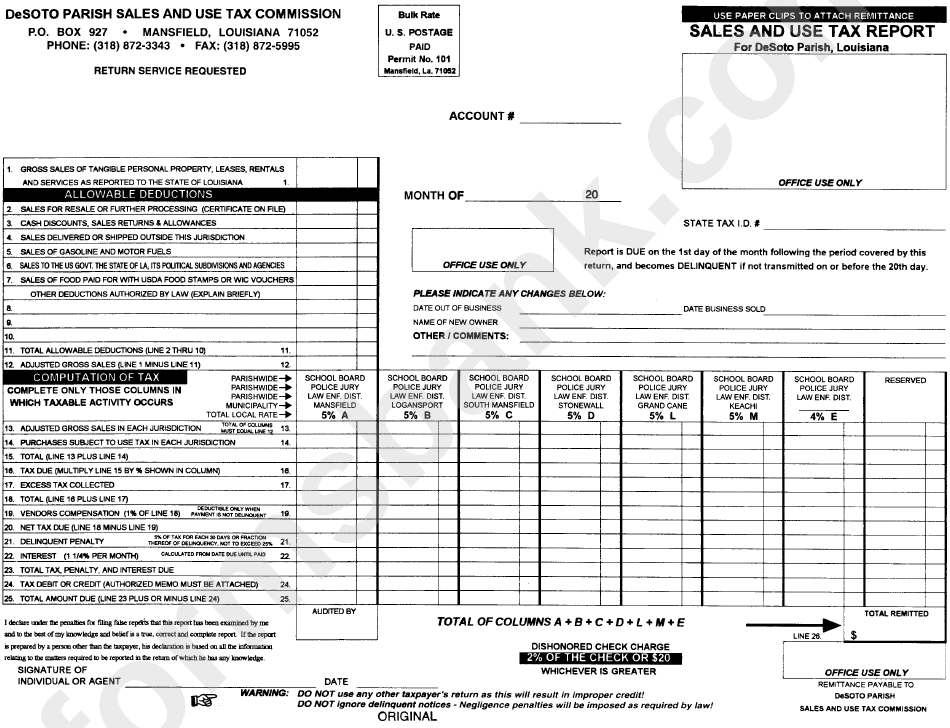 Sales And Use Tax Report Form - Desoto Parish