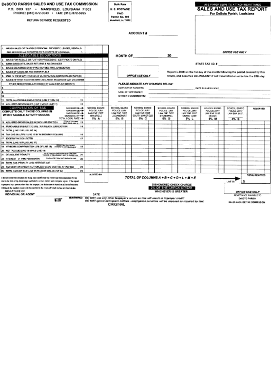 Sales And Use Tax Report Form - Desoto Parish Printable pdf
