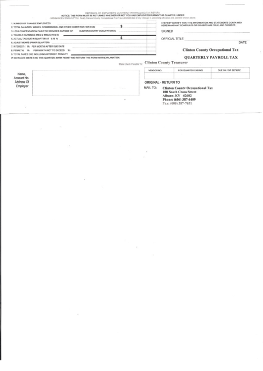Quarterly Payroll Tax Form - Clinton County Printable pdf