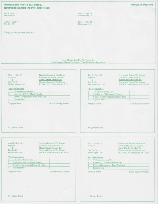 Quarterly Estimated Earned Income Tax Return Form Printable pdf