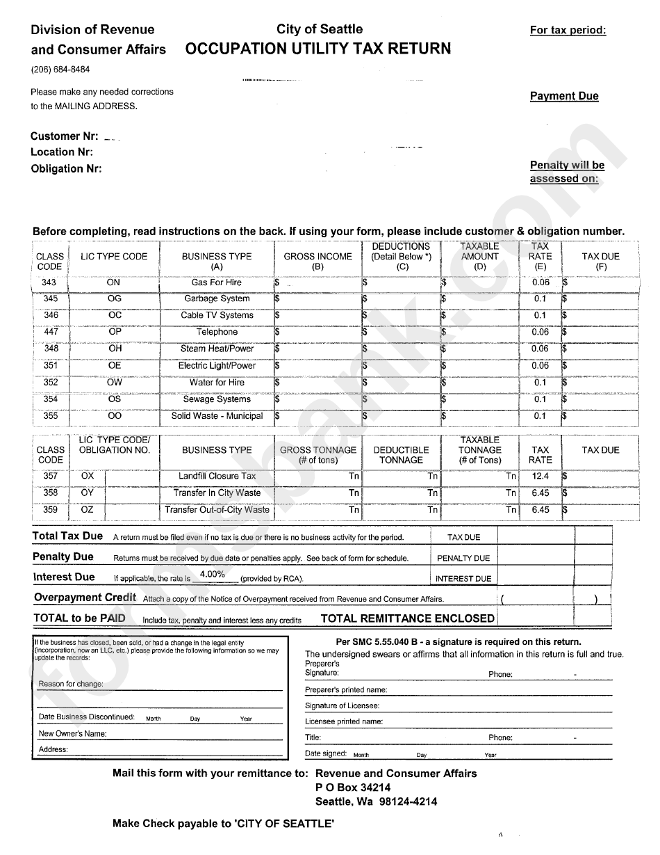 Ocucupation Utility Tax Return Form City Of Seattle Printable Pdf 