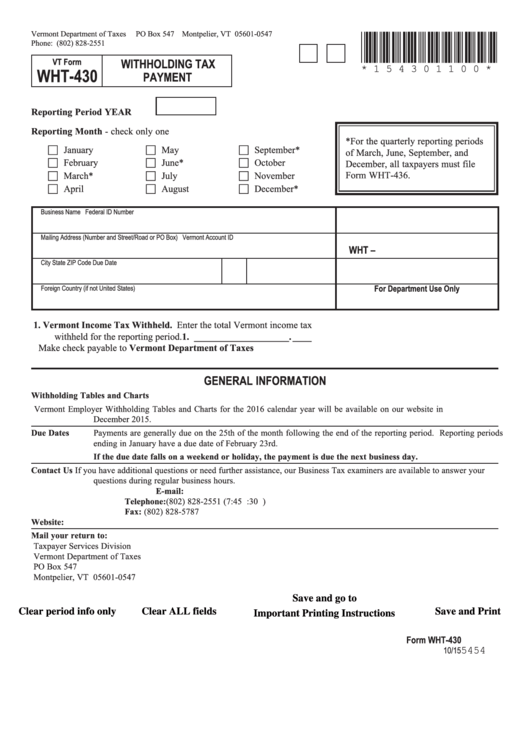 Fillable Form Wht-430 - Withholding Tax Payment Printable pdf