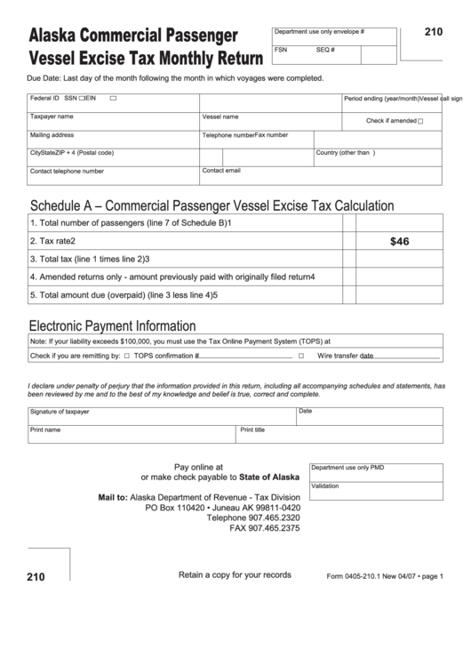 Vessel Excise Tax Monthly Return Form Printable pdf