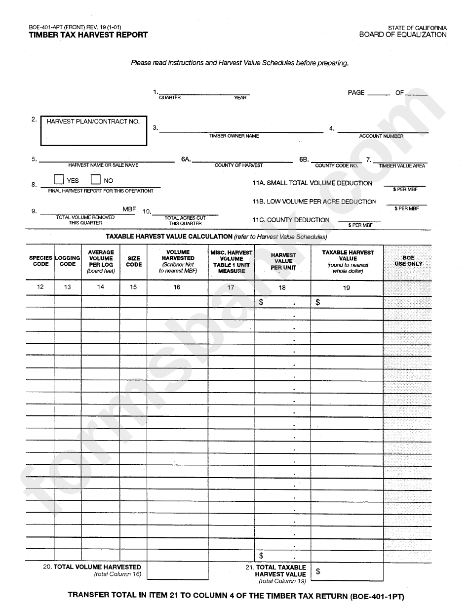 Form Boe-401-Apt - Timber Tax Harvest Report