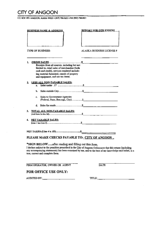 Tax Report Form For Quater End - City Of Angoon Printable pdf