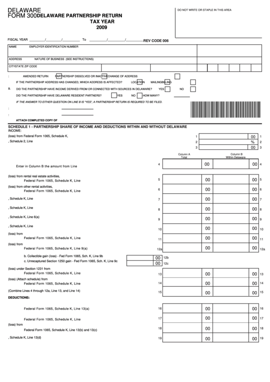 Fillable Delaware Form 300 - Delaware Partnership Return - 2009 Printable pdf