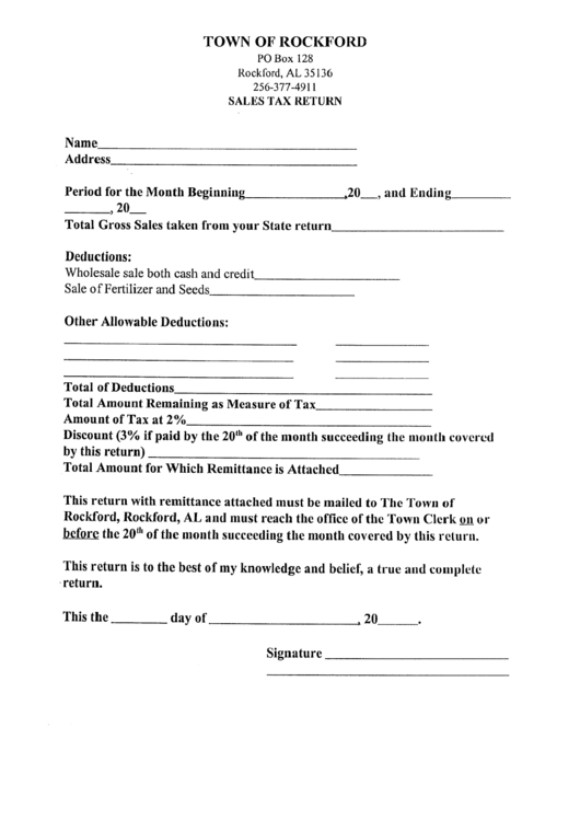 Fillable Sales Tax Return Form - Town Of Rockford Printable pdf