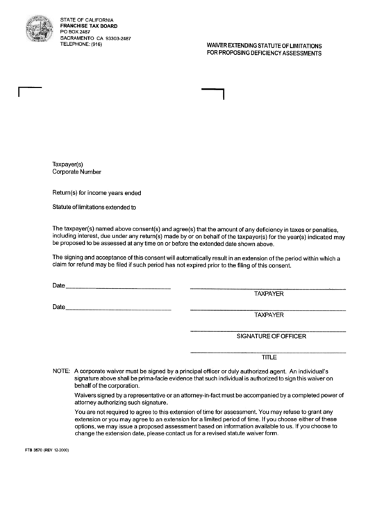Form Ftb 3570 - Waiver Extending Statute Of Limitations For Proposing Deficiency Assessments Printable pdf