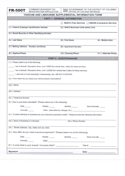 Form Fr-500t - Combined Business Tax Registration Application Printable pdf
