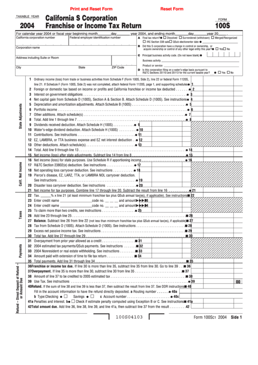 Fillable Form 100s - California S Corporation Franchise Or Income Tax Return - 2004 Printable pdf