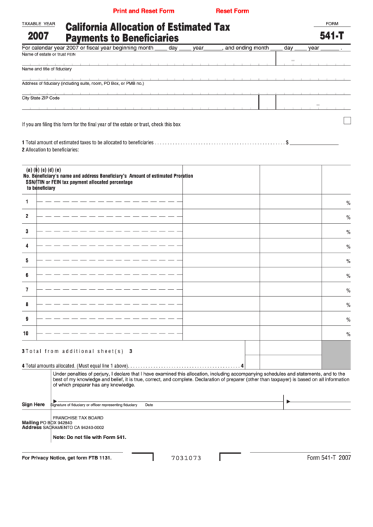 Fillable Form 541-T - California Allocation Of Estimated Tax Payments To Beneficiaries - 2007 Printable pdf
