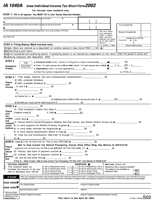 Form Ia 1040a - Iowa Individual Income Tax - Short Form - 2002 Printable pdf