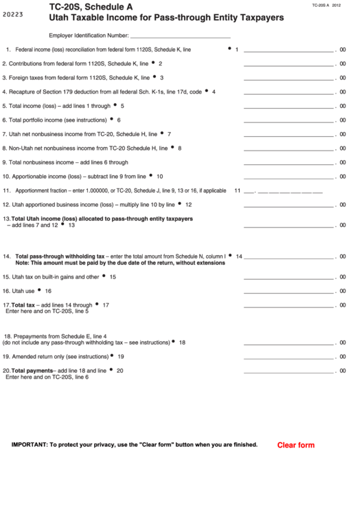 Fillable Form Tc-20s E, Schedule A - Utah Taxable Income For Pass-Through Entity Taxpayers - 2012 Printable pdf