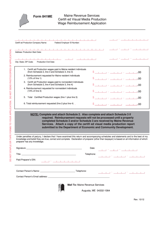 Form 841me - Certifi Ed Visual Media Production Wage Reimbursement Application Printable pdf