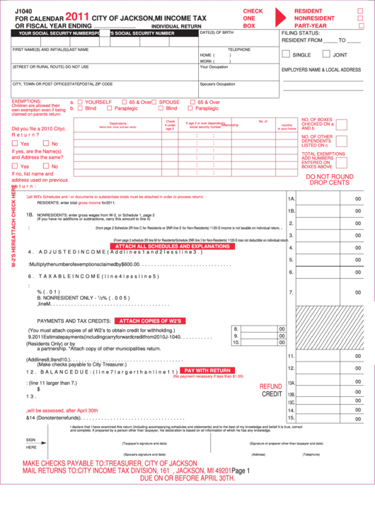 Form J1040 - Income Tax Individual Return - City Of Jackson - 2011 Printable pdf