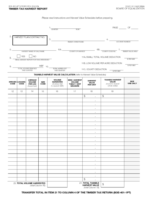 Fillable Form Boe-401-Apt - Timber Tax Harvest Report Printable pdf