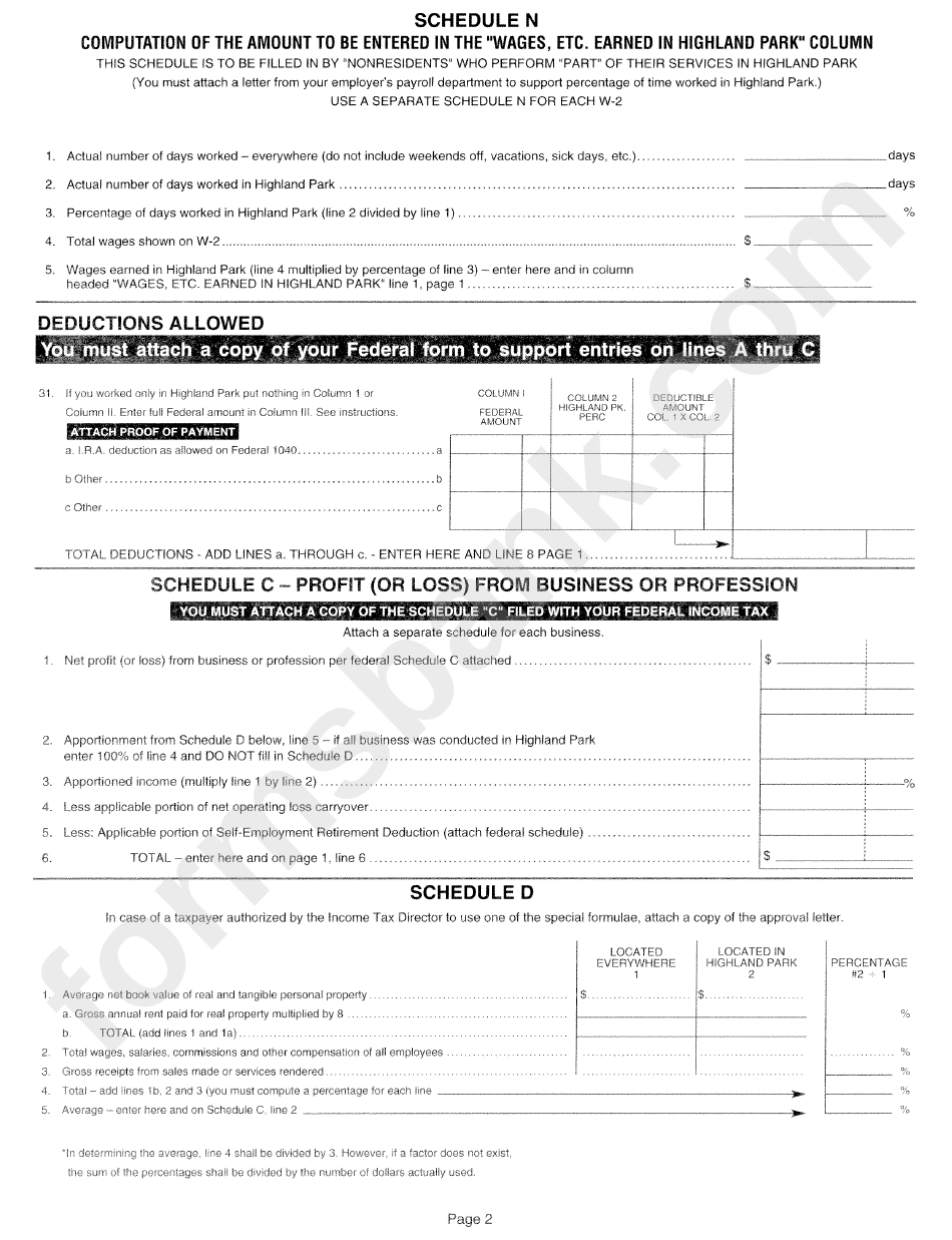 Individual Return-Non-Resident Form - City Of Highland Park - 2011