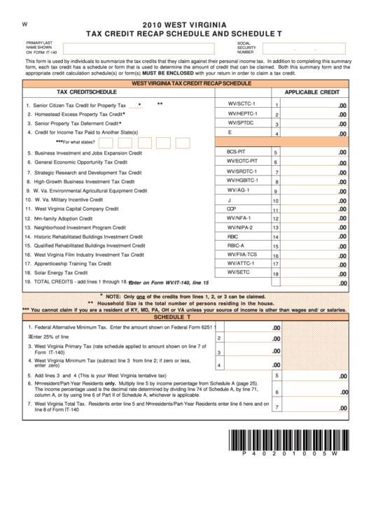 Tax Credit Recap Schedule And Schedule T - 2010 Printable pdf