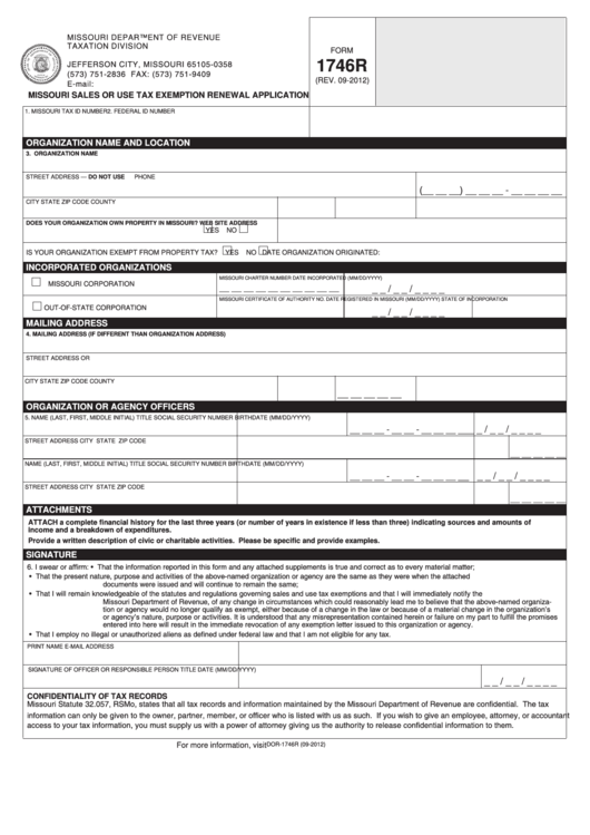 Fillable Form 1746r - Missouri Sales/use Tax Exemption Renewal Application Printable pdf