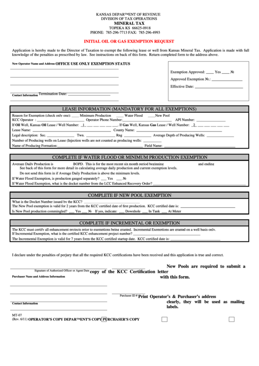 Fillable Form Mt-07 - Initial Oil Or Gas Exemption Request Printable pdf