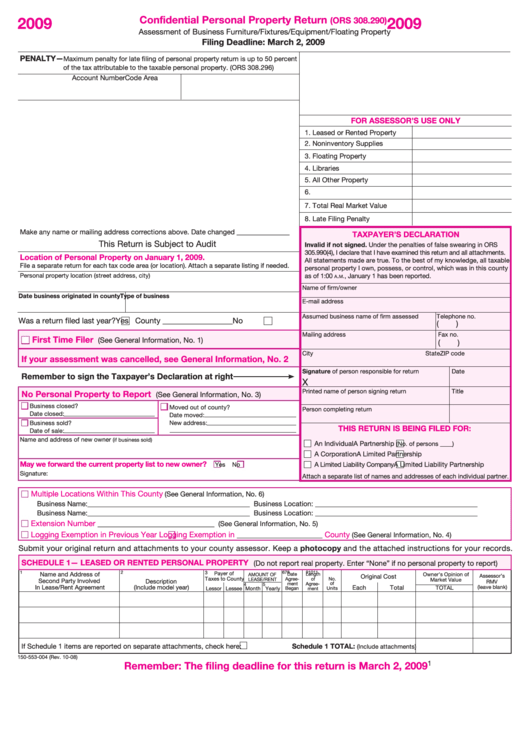 Fillable Form 150-553-004 - Confidential Personal Property Return - 2009 Printable pdf