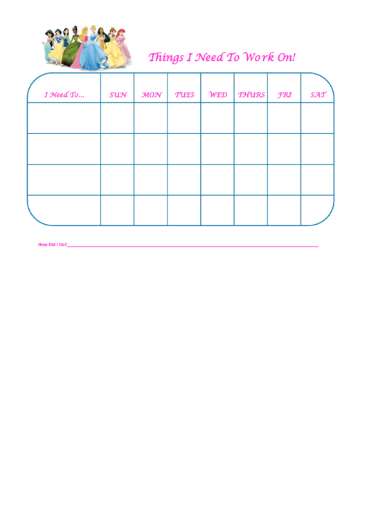 Things I Need To Work On Behaviour Chart - All Princesses Printable pdf