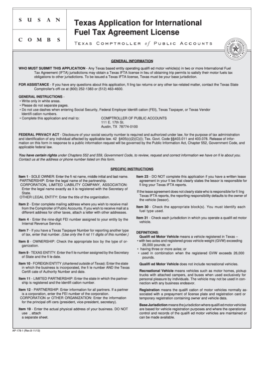 Fillable Form Ap-178-2 - Texas Application For International Fuel Tax Agreement (Ifta) License (2013) Printable pdf