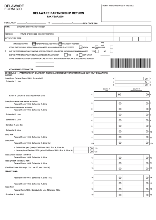 Fillable Delaware Form 300 - Delaware Partnership Return - 2008 Printable pdf