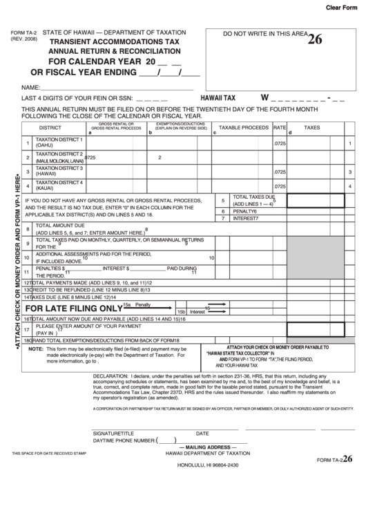 Fillable Form Ta-2 - Transient Accommodations Tax Annual Return & Reconciliation - 2008 Printable pdf