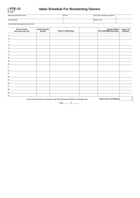 Fillable Form Pte-12 - Idaho Schedule For Nonelecting Owners Printable pdf