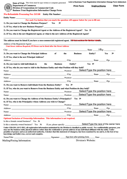 Fillable Business Trust Registration Information Change Form - Utah Department Of Commerce Printable pdf
