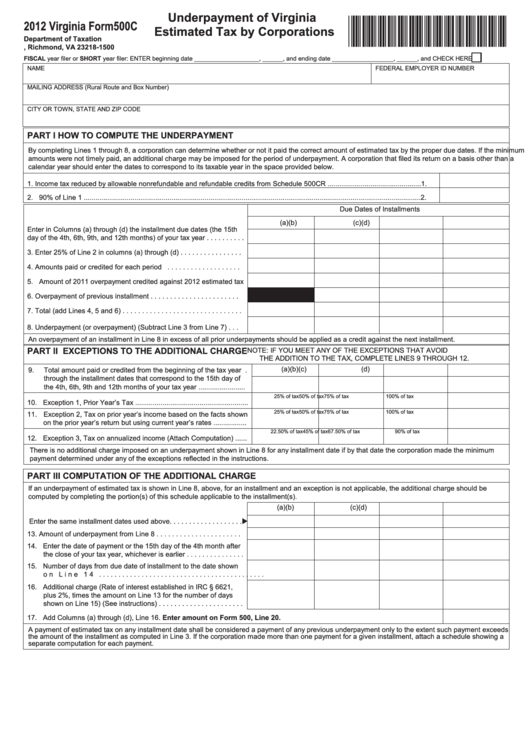 Fillable Form 500c - Underpayment Of Virginia Estimated Tax By Corporations - 2012 Printable pdf