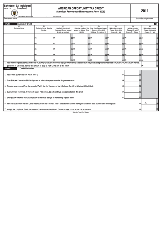 Schedule B2 Individual - American Opportunity Tax Credit - 2011 Printable pdf