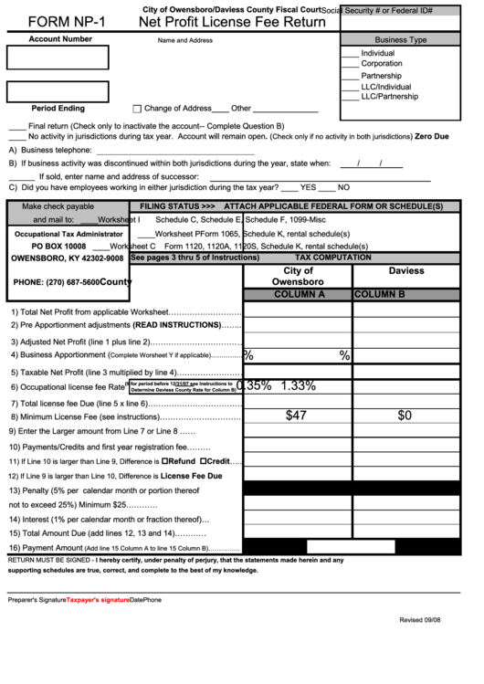 Form Np-1 - Net Profit License Fee Return Printable pdf