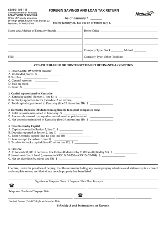 Form 62a601 - Foreign Savings And Loan Tax Return Printable pdf