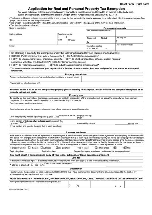 Fillable Form 150-310-087 - Application For Real And Personal Property Tax Exemption - 2012 Printable pdf