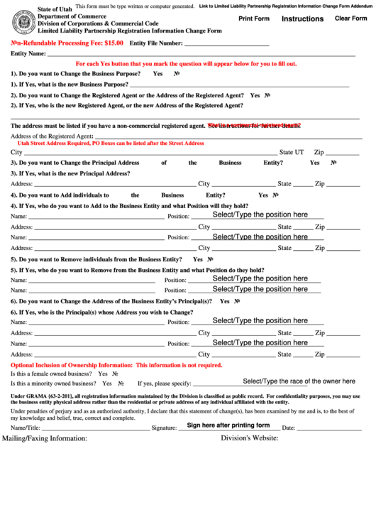 Fillable Limited Liability Partnership Registration Information Change Form - Utah Department Of Commerce Printable pdf