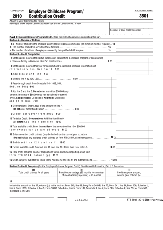 Fillable California Form 3501 - Employer Childcare Program/ Contribution Credit - 2010 Printable pdf