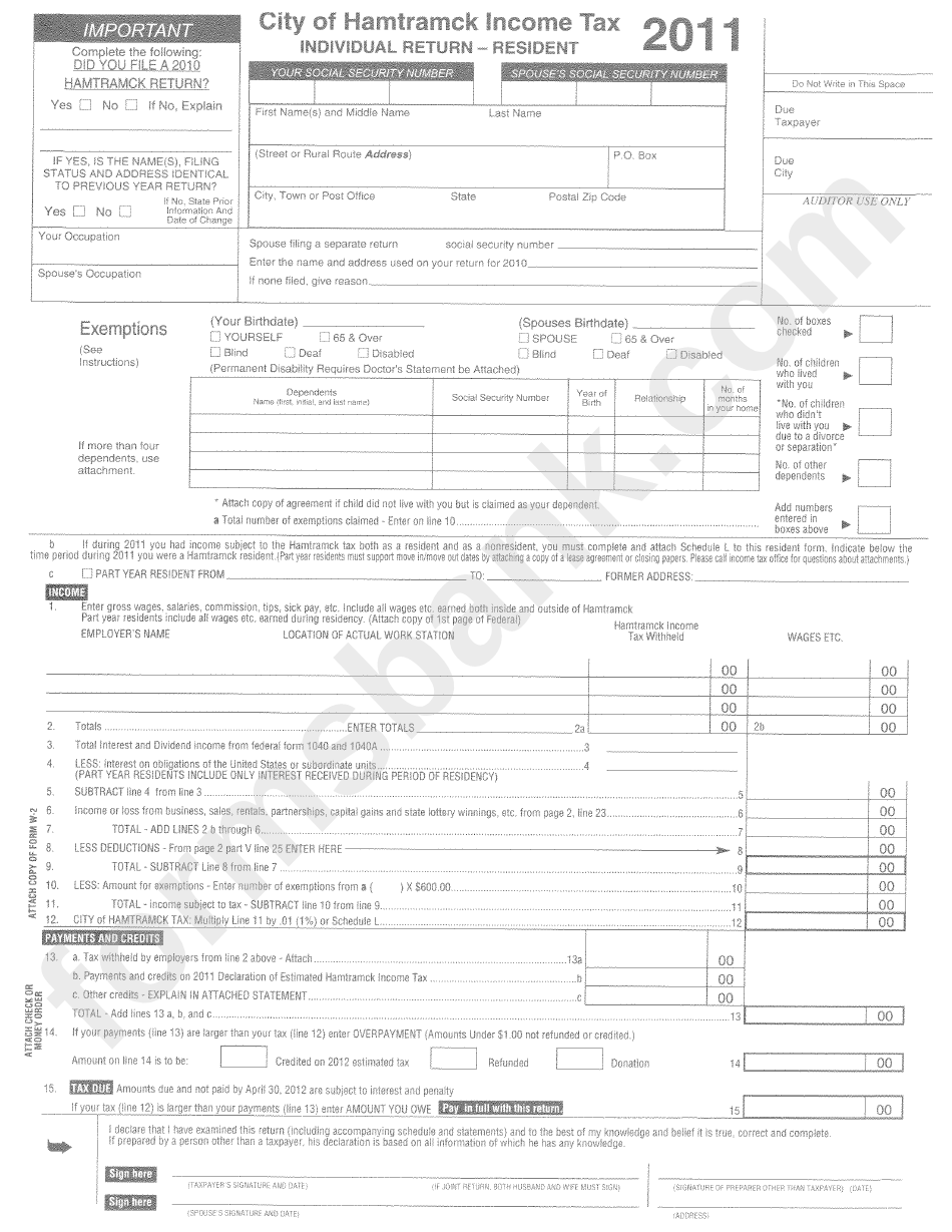 Individual Return-Resident Form - City Of Hamtramck - 2011