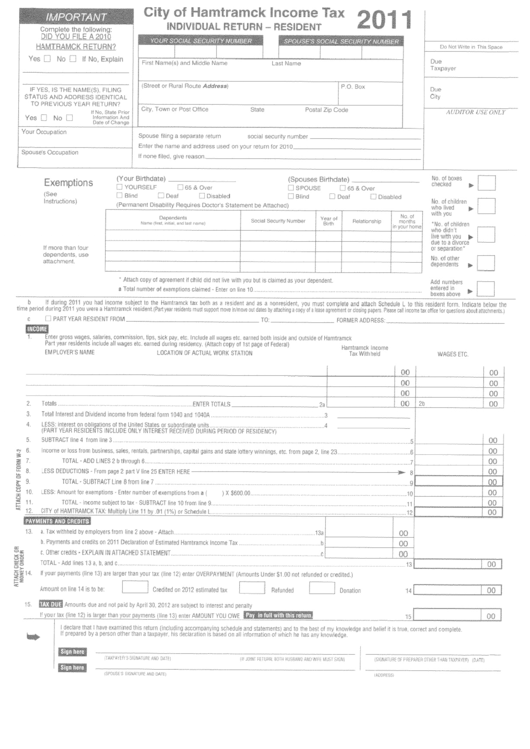 Individual Return-Resident Form - City Of Hamtramck - 2011 Printable pdf