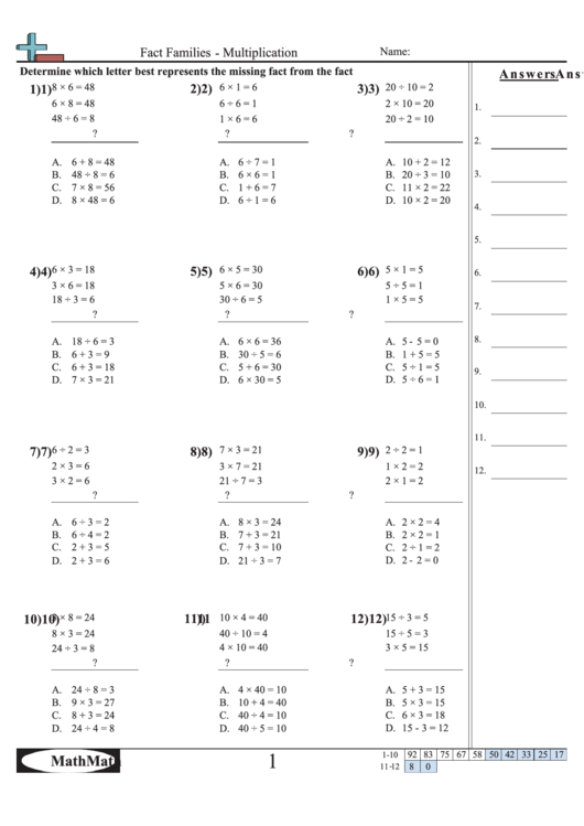 Fact Families - Multiplication Worksheet Printable pdf