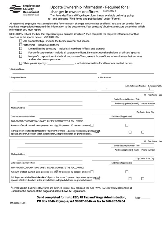 Fillable Form 5208c-2 - Update Ownership Information (2009) Printable pdf