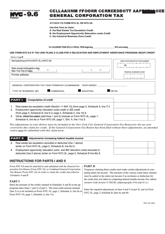 Form Nyc-9.6 - Claim For Credit Applied To General Corporation Tax - 2012 Printable pdf
