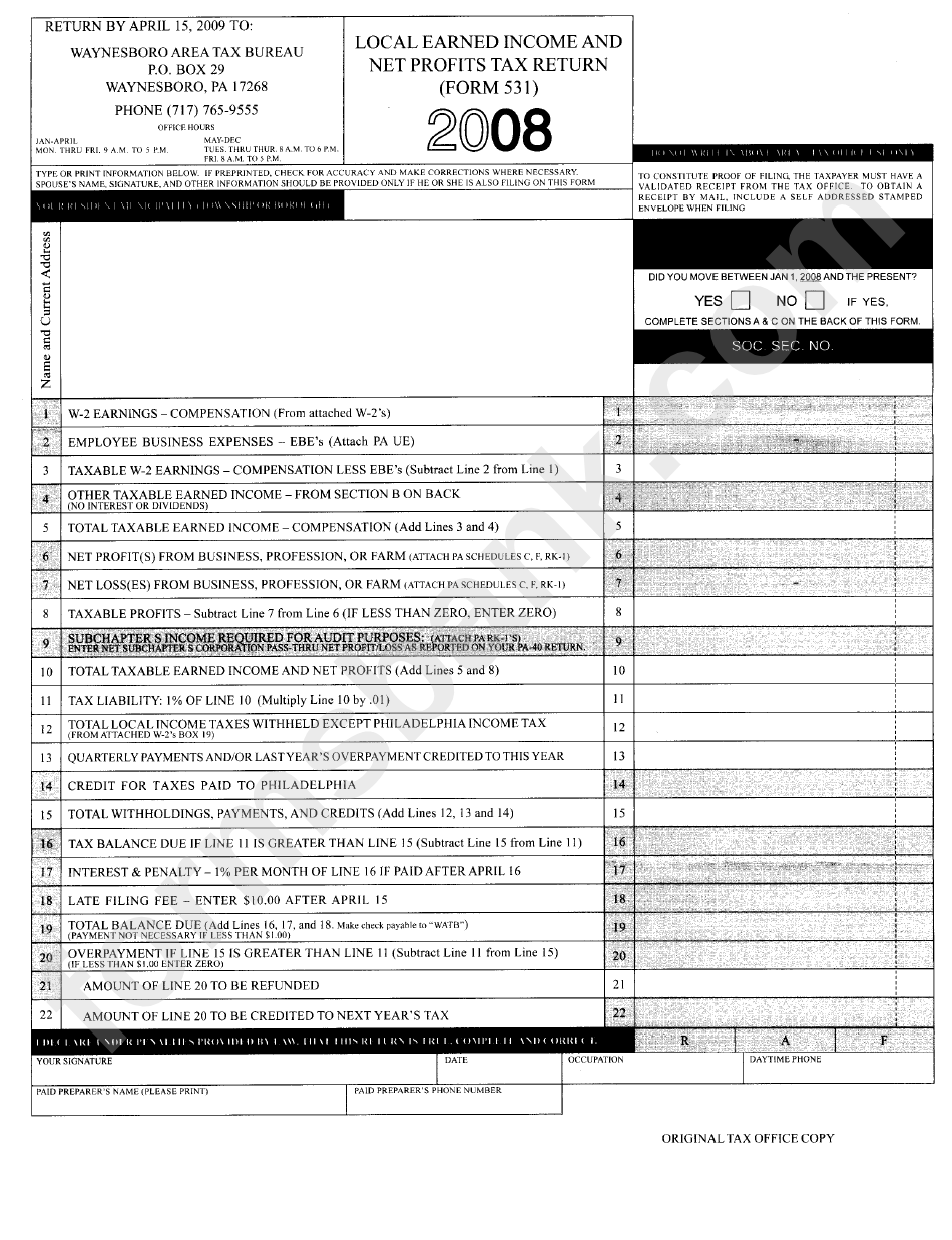 Form 531 - Local Earned Income And Net Profits Tax Return - 2008