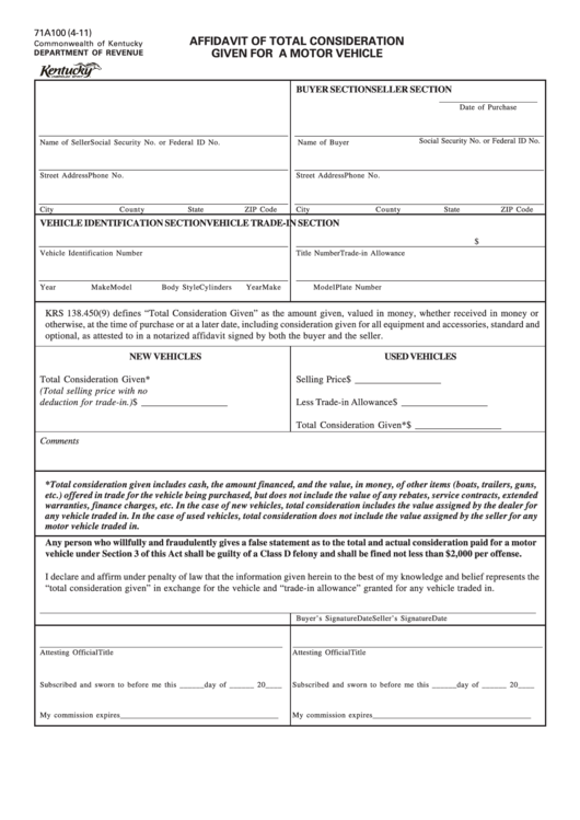 Form 71a100 - Affidavit Of Total Consideration Given For A Motor Vehicle - 2011 Printable pdf