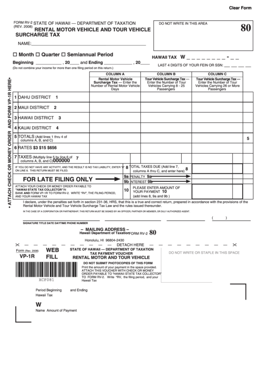 Fillable Form Rv-2 - Rental Motor Vehicle And Tour Vehicle Surcharge Tax (2008) Printable pdf