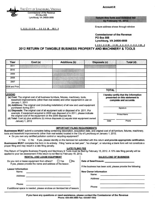 2012 Return Of Tangible Business Property And Machinery & Tools Form - Virginia Commissioner Of The Revenue Printable pdf