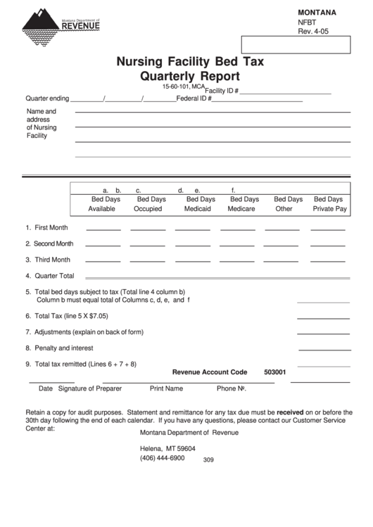 Form Nfbt - Nursing Facility Bed Tax Quarterly Report Form - Montana Department Of Revenue Printable pdf