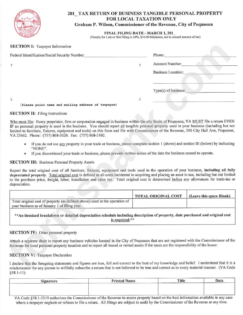 Tax Return Of Business Tangible Personal Property Form For Local Taxation Only - Poquoson, Virginia Commissioner Of The Revenue
